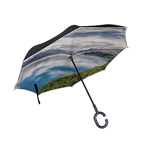 Hermosa Nueva Isla Sur Doble Capa Plegable Protección Anti-UV Resistente al Viento Recta Automática Golf Inversa Paragüero invertido con manija en Forma de C para la Lluvia del Coche