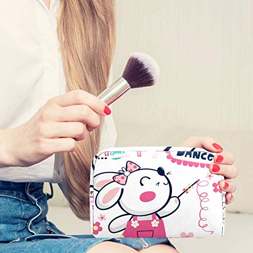 Hermoso conejo en rosa vestido bolsa de maquillaje portátil, bolsa de cosméticos impresa, bolsa de cosméticos para mujeres bolsa de cosméticos de viaje