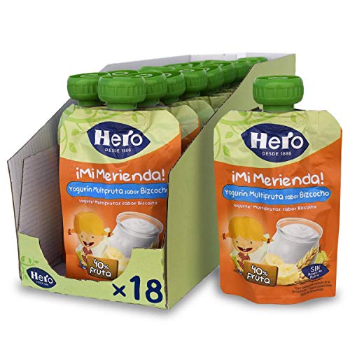 Hero Baby Mi Merienda - Bolsita de Yogurín Multifruta sabor Bizcocho, Sin Azúcares Añadidos, para Bebés a Partir de los 12 Meses - Pack de 18 x 100 g
