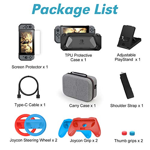 HEYSTOP Kit de Accesorios 12 en 1 para Nintendo Switch, con Funda de Transporte, TPU Cubierta Protectora, Joy-con Grip y Volante, Soporte,Protector de Pantalla, Apretones de Pulgar, Cable USB (Gris)