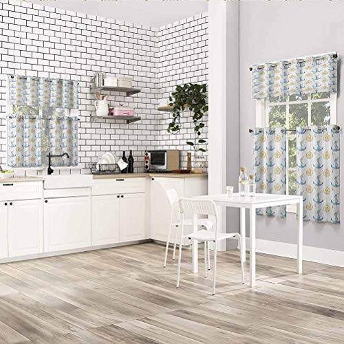 Hiiiman Cortinas opacas cortas con ojales marítimos en estilo acuarela con anclas azules y Windrose, juego de 1, 52 x 18 pulgadas pequeñas cenefas de ventana para cocina