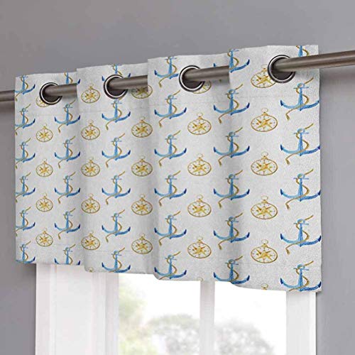 Hiiiman Cortinas opacas cortas con ojales marítimos en estilo acuarela con anclas azules y Windrose, juego de 1, 52 x 18 pulgadas pequeñas cenefas de ventana para cocina