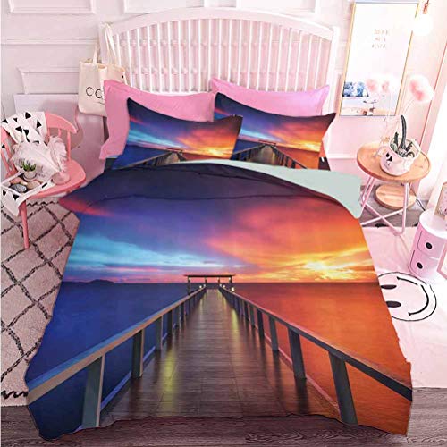 Hiiiman - Juego de 3 piezas de edredón premium para playa, paisajes marinos, Puente de puesta de sol, pintura de Phuket Lagoon (3 piezas, tamaño doble) con 2 fundas de almohada