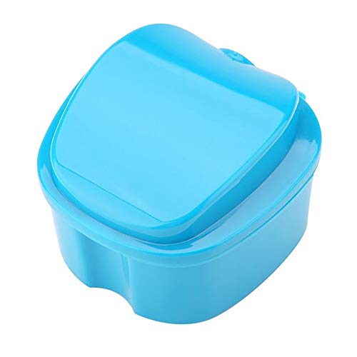 Hilai 1pc Caja de baño para dentadura postiza Caja de baño para dentadura postiza dental con contenedor de red colgante(Azul)