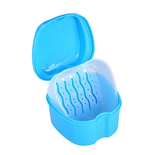 Hilai 1pc Caja de baño para dentadura postiza Caja de baño para dentadura postiza dental con contenedor de red colgante(Azul)