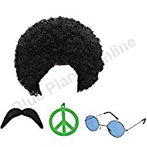 Hippie Hippy Man 1970s Afro Wig Sunglasses Moustache Fancy Dress by Blue Planet Online