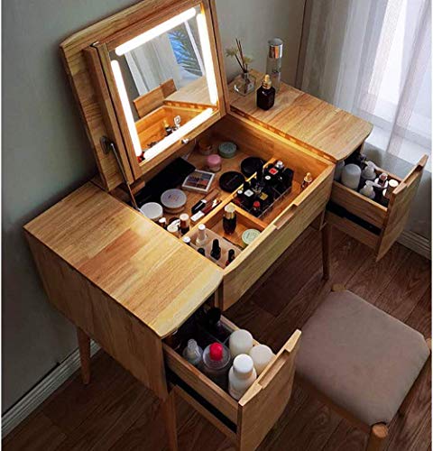 HMCL tocador, espejo y cajón que se puede ocultar, juego de vanidad, enviar taburete, se puede girar dos tablas de uso, luz con tres modos, roble