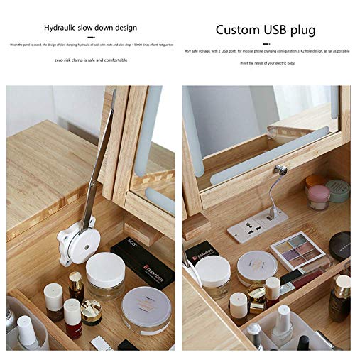 HMCL tocador, espejo y cajón que se puede ocultar, juego de vanidad, enviar taburete, se puede girar dos tablas de uso, luz con tres modos, roble