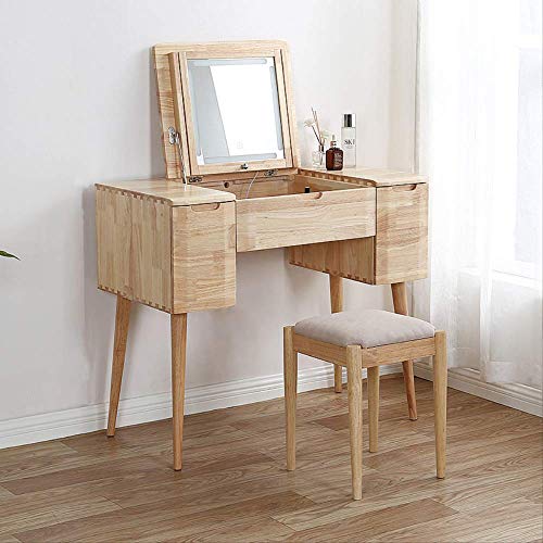 HMCL tocador, espejo y cajón que se puede ocultar, juego de vanidad, enviar taburete, se puede girar dos tablas de uso, luz con tres modos, roble