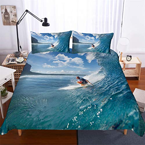 HNHDDZ Oceano Tema Funda Nórdica Estilo Deportivo 3D Surf Mar Tabla de Surf Aventuras Funda de Edredón Azul Blanco Crema Chico Niña Juego de Cama (Azul 2, 220x240 cm - Cama 150 cm)