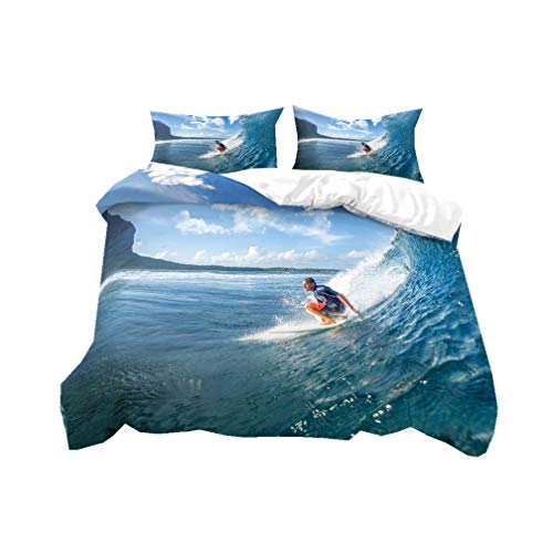 HNHDDZ Oceano Tema Funda Nórdica Estilo Deportivo 3D Surf Mar Tabla de Surf Aventuras Funda de Edredón Azul Blanco Crema Chico Niña Juego de Cama (Azul 2, 220x240 cm - Cama 150 cm)