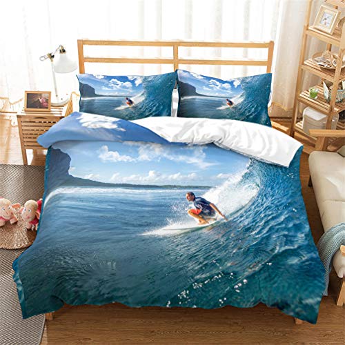 HNHDDZ Oceano Tema Funda Nórdica Estilo Deportivo 3D Surf Mar Tabla de Surf Aventuras Funda de Edredón Azul Blanco Crema Chico Niña Juego de Cama (Azul 2, 220x240 cm - Cama 150 cm)