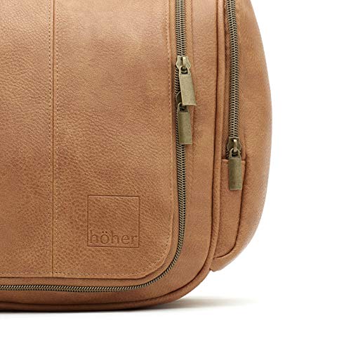 Höher - Bolsa de Baño de Calidad, Gran Capacidad, Gancho para ser Colgado – Artículos de Tocador, Kit de Afeitado, Cosméticos - Regalo para Hombres y Mujeres - Camping, Viajes, Gimnasio (marrón claro)