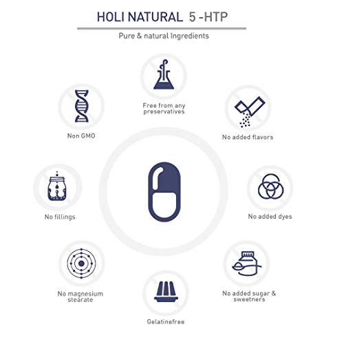 Holi Natural® 5-HTP. 90 cápsulas. Dosis diaria de 300mg (3 cápsulas). PURO 5-hidroxitriptófano de extracto de semilla de Griffonia. Vegano. Sin estearato de Magnesio. Producido en Alemania