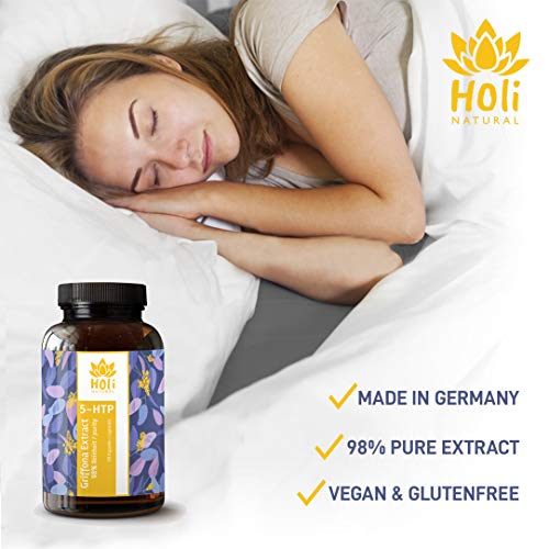 Holi Natural® 5-HTP. 90 cápsulas. Dosis diaria de 300mg (3 cápsulas). PURO 5-hidroxitriptófano de extracto de semilla de Griffonia. Vegano. Sin estearato de Magnesio. Producido en Alemania
