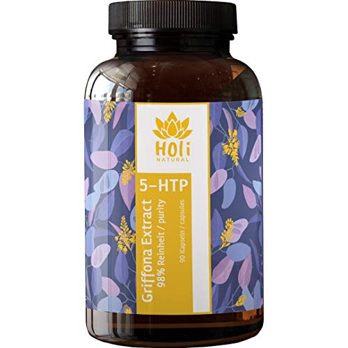 Holi Natural® 5-HTP. 90 cápsulas. Dosis diaria de 300mg (3 cápsulas). PURO 5-hidroxitriptófano de extracto de semilla de Griffonia. Vegano. Sin estearato de Magnesio. Producido en Alemania