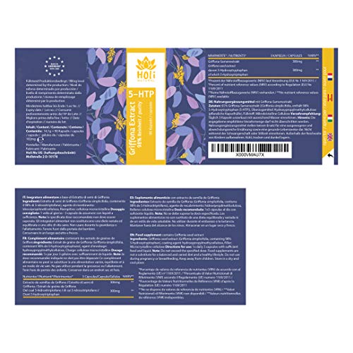 Holi Natural® 5-HTP. 90 cápsulas. Dosis diaria de 300mg (3 cápsulas). PURO 5-hidroxitriptófano de extracto de semilla de Griffonia. Vegano. Sin estearato de Magnesio. Producido en Alemania