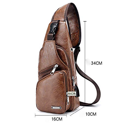 Hombro Bolso Bolsos Cruzados Antirrobo Impermeable Mochila de Pecho PU Cuero para Hombres Bandolera Sling Messenger Puerto de Carga USB Senderismo al Aire Libre