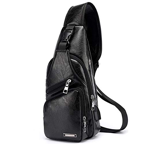 Hombro Bolso Bolsos Cruzados Antirrobo Impermeable Mochila de Pecho PU Cuero para Hombres Bandolera Sling Messenger Puerto de Carga USB Senderismo al Aire Libre