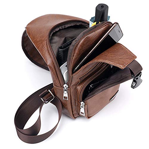 Hombro Bolso Bolsos Cruzados Antirrobo Impermeable Mochila de Pecho PU Cuero para Hombres Bandolera Sling Messenger Puerto de Carga USB Senderismo al Aire Libre