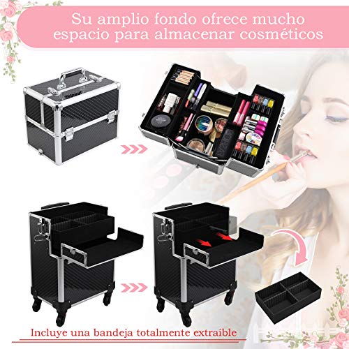 HOMCOM Maleta de Maquillaje Profesional Maletín de Comésticos Desmontable con Ruedas Universales Bandejas Desplegables con Cerradura Fácil de Transportar 36x24x79-107cm Negro