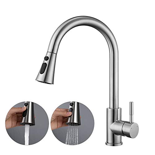 Homelody Grifo de Cocina Extraible con 3 Funciones Grifo Monomando 360° Giratorio Grifos para fregadero de 304 Acero inoxidable con Control de Agua Fría y Caliente