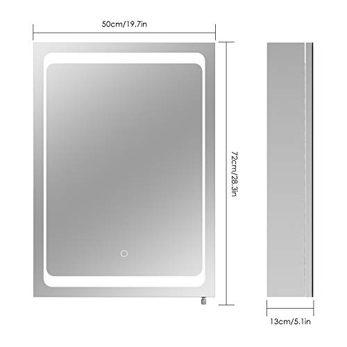 Homfa Armario Baño con Espejo Armario de Pared Armario Colgante con Luz LED de Acero Inoxidable 1 Puerta 2 Compartimentos 50x13x72cm