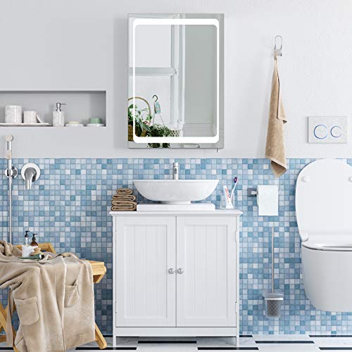 Homfa Armario Baño con Espejo Armario de Pared Armario Colgante con Luz LED de Acero Inoxidable 1 Puerta 2 Compartimentos 50x13x72cm