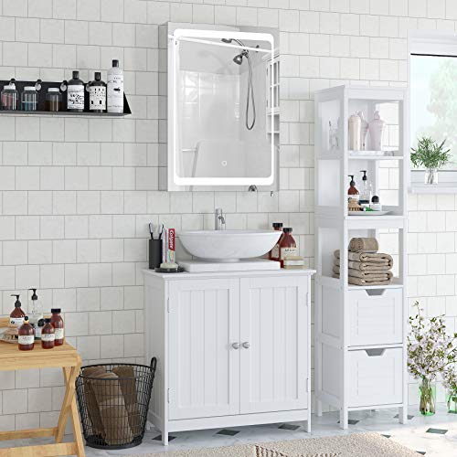 Homfa Armario Baño con Espejo Armario de Pared Armario Colgante con Luz LED de Acero Inoxidable 1 Puerta 2 Compartimentos 50x13x72cm