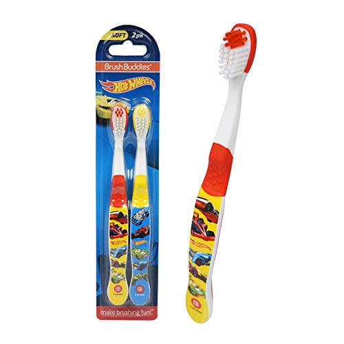 Hot Wheels - Juego de cepillos de dientes para niños, 4 piezas, set de cepillos de dientes para niños con marcador de coches de Disney y pegatinas de coches (cepillos para niños)