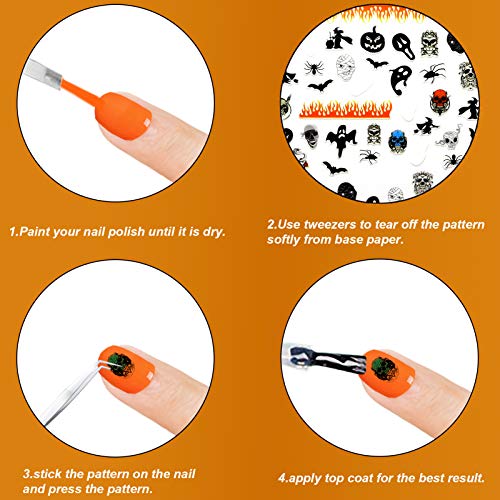 HOWAF Halloween 3D Nail Art Stickers Calcomanías, 700+ Halloween Uñas Pegatinas Autoadhesiva Manicura para Niñas Halloween Maquillaje Disfraz Artículo Decoración, Cráneo Calabaza Araña Fantasma Bruja