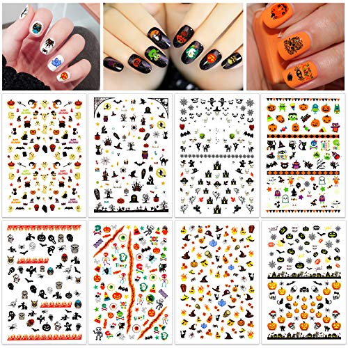 HOWAF Halloween 3D Nail Art Stickers Calcomanías, 700+ Halloween Uñas Pegatinas Autoadhesiva Manicura para Niñas Halloween Maquillaje Disfraz Artículo Decoración, Cráneo Calabaza Araña Fantasma Bruja