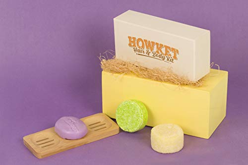 Howket, Set ecológico, Champú solido Aloe Vera + Acondicionador Lavanda + Gel exfoliante de Vainilla + Jabonera Bambú (Nippur Oasis)