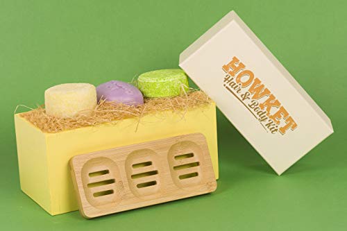 Howket, Set ecológico, Champú solido Aloe Vera + Acondicionador Lavanda + Gel exfoliante de Vainilla + Jabonera Bambú (Nippur Oasis)