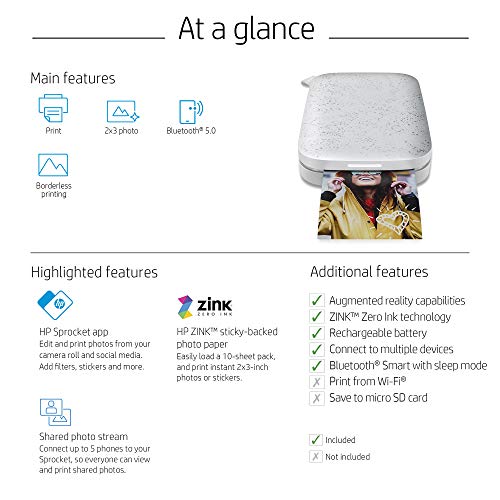HP Sprocket 200, Impresora Fotográfica Portátil (Tecnología de Impresión Zink, Bluetooth, 5 x 7.6 cm Impresiones), Bluetooth, 20 x 10 x 15 cm, Blanco