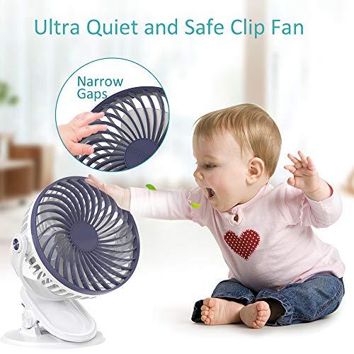 HQKJ Ventilador de Mesa Ventilador USB Silencioso Ventilador Recargable Clip de Ventilador para Oficina, Carrito de Bebé Cuna, 5 Pulgadas, 3 Velocidades, Batería de Litio de 2500 mAh Incluida