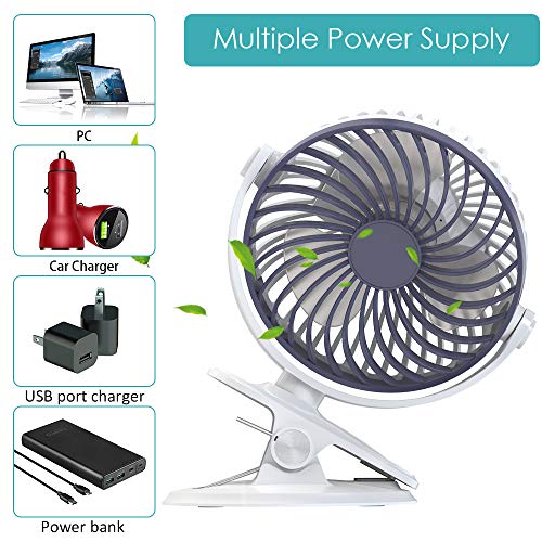 HQKJ Ventilador de Mesa Ventilador USB Silencioso Ventilador Recargable Clip de Ventilador para Oficina, Carrito de Bebé Cuna, 5 Pulgadas, 3 Velocidades, Batería de Litio de 2500 mAh Incluida