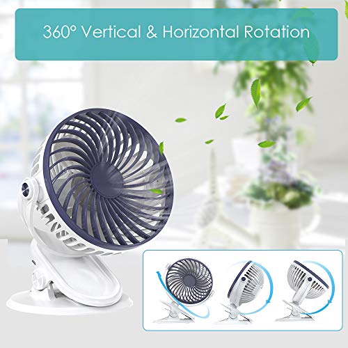 HQKJ Ventilador de Mesa Ventilador USB Silencioso Ventilador Recargable Clip de Ventilador para Oficina, Carrito de Bebé Cuna, 5 Pulgadas, 3 Velocidades, Batería de Litio de 2500 mAh Incluida