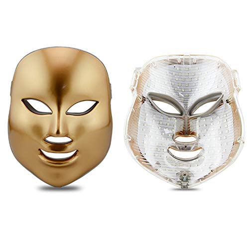 HSART 7 Colores LED Máscara Facial Máscara Espectrómetro, Instrumento de Belleza Fotodinámico para el Acné, Blanqueamiento y Pecas, con Cable USB,Oro