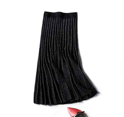 HSDFKD Primavera Verano Lentejuelas Faldas Plisadas Femeninas Elegantes Cintura Elástica Hilo Dorado Faldas Midi De Punto para Mujer, Negro, Talla Única