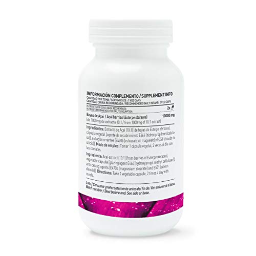 HSN Acai Berry 500mg | Extracto 10:1, Baya Acai | Potente Antioxidante Natural, Vegano, Sin Gluten, Sin Lactosa, 120 Cápsulas Vegetales
