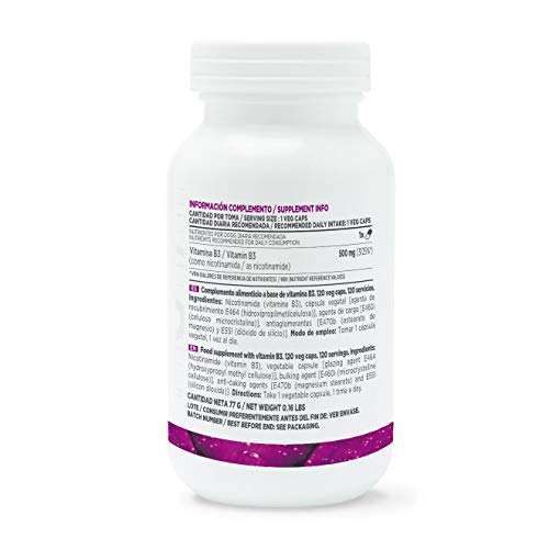 HSN Vitamina B3 500 MG | Suministro 4 Meses | Fórmula de liberación inmediata de Nicotinamida | No Produce Flush | Vegano, Sin Gluten, Sin Lactosa, 120 Cápsulas Vegetales