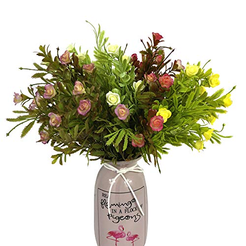 HUAESIN 4pcs Ramillete Flores Artificiales Pequeñas Decoración Flor Plastico Ramo Flores Artificiales Blanco Marrón Amarillas Hojas Verdes para Balcon Jarrones Cocina Baño Fiesta Jardinera Maceta
