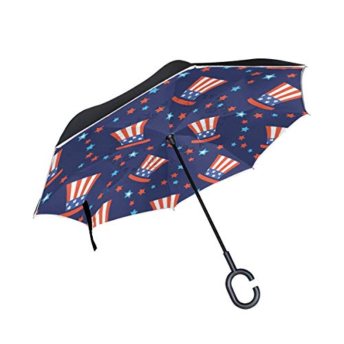 huatongxin Paraguas Plegable inverso Independence Day of America Festive Paraguas invertidos Double Layer Windproof Paraguas for Car Rain Outdoor with C-Shaped Handle