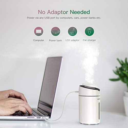 Humidificador Ultrasónico Silencioso, (Vapor Frío, 2 Niebla de 2 Niveles, 7 Luz Nocturna LED, Apagado Automático y fuente de Alimentación USB, 300 ML) Mini Humidificador Bebes
