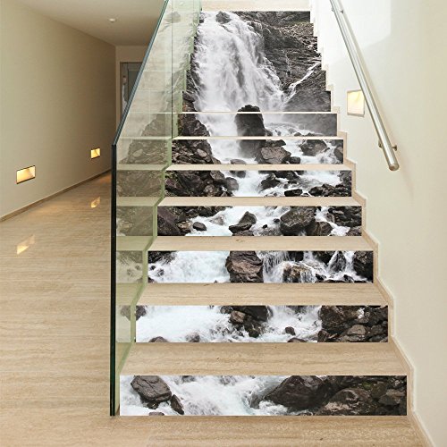 HUYYA Cascade Pierres Roche 3D Sticker Contremarche Escalier, Stickers Escalier Marche 13 Pieces Stickers Escalier Autocollants Imperméable Auto-Adhésifs Réformé escalier, 39.4 X7.08Inch,S