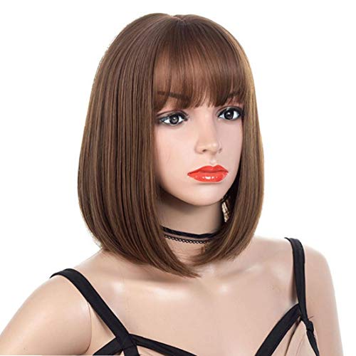 hvxjxk Mujeres Corto Bob Pelucas Recta con Plano Bangs Sintético del Partido De Cosplay De La Peluca Diaria Naturales como Verdaderas Cabello Castaño