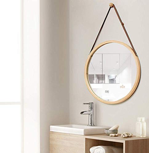H.yina Espejo de Maquillaje Colgante de Pared Espejo de Maquillaje HD Redondo Espejo de Afeitado con Marco de bambú 15 17/17.7 & Prime; Tocador de tocador para entradas de baño con Cuerda Ajustable