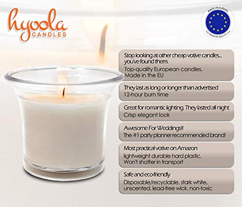 HYOOLA - Velas votivas llenas de taza transparente sin perfumar, color blanco – 12 horas de tiempo de combustión (12 unidades), ideal para bodas, fabricado en Europa.