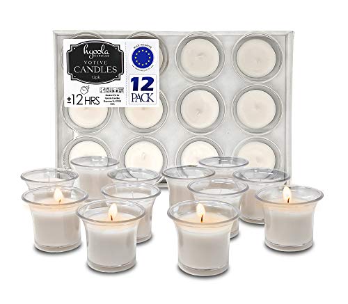 HYOOLA - Velas votivas llenas de taza transparente sin perfumar, color blanco – 12 horas de tiempo de combustión (12 unidades), ideal para bodas, fabricado en Europa.